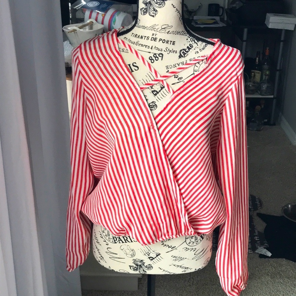 Red White Stripe Sexy Top Blouse XL
